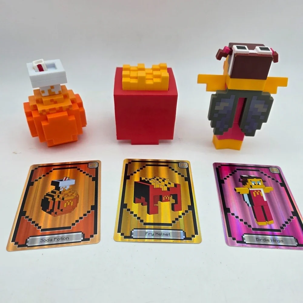 McDonald's Minecraft Happy Meal Toy Soda, Birdie, and Fry Helmet with Cards